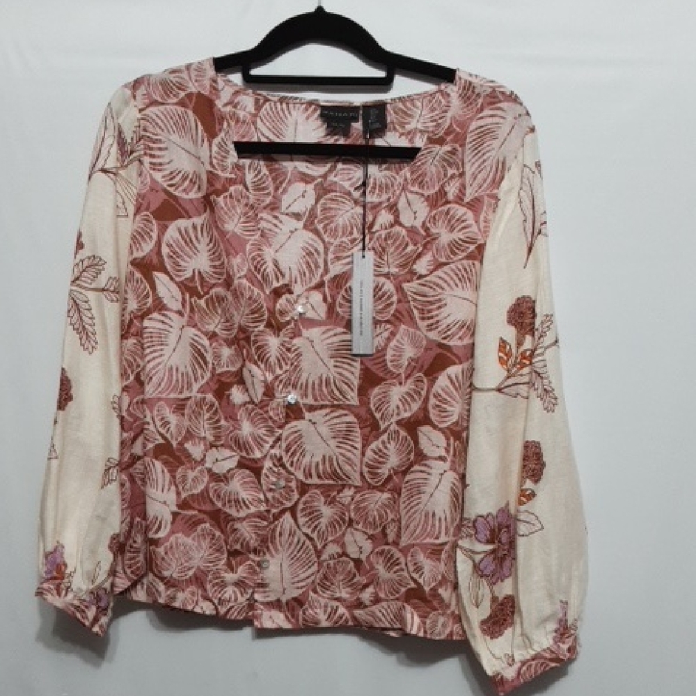 TAHARI 100% LINEN Floral Pink and Cream Women's Top